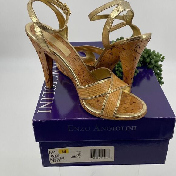 Enzo Angiolini Bamboo Easenya Open Toe Heels Leather Gold Natural 6.5 - Picture 1 of 15
